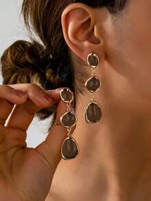 1 Pair French Vintage Glazed Asymmetrical Geometric Long Earrings, Suitable For Women's Daily Wear, Dating, Banquet, Party, Wedding Accessories - Coffee Brown - View 1