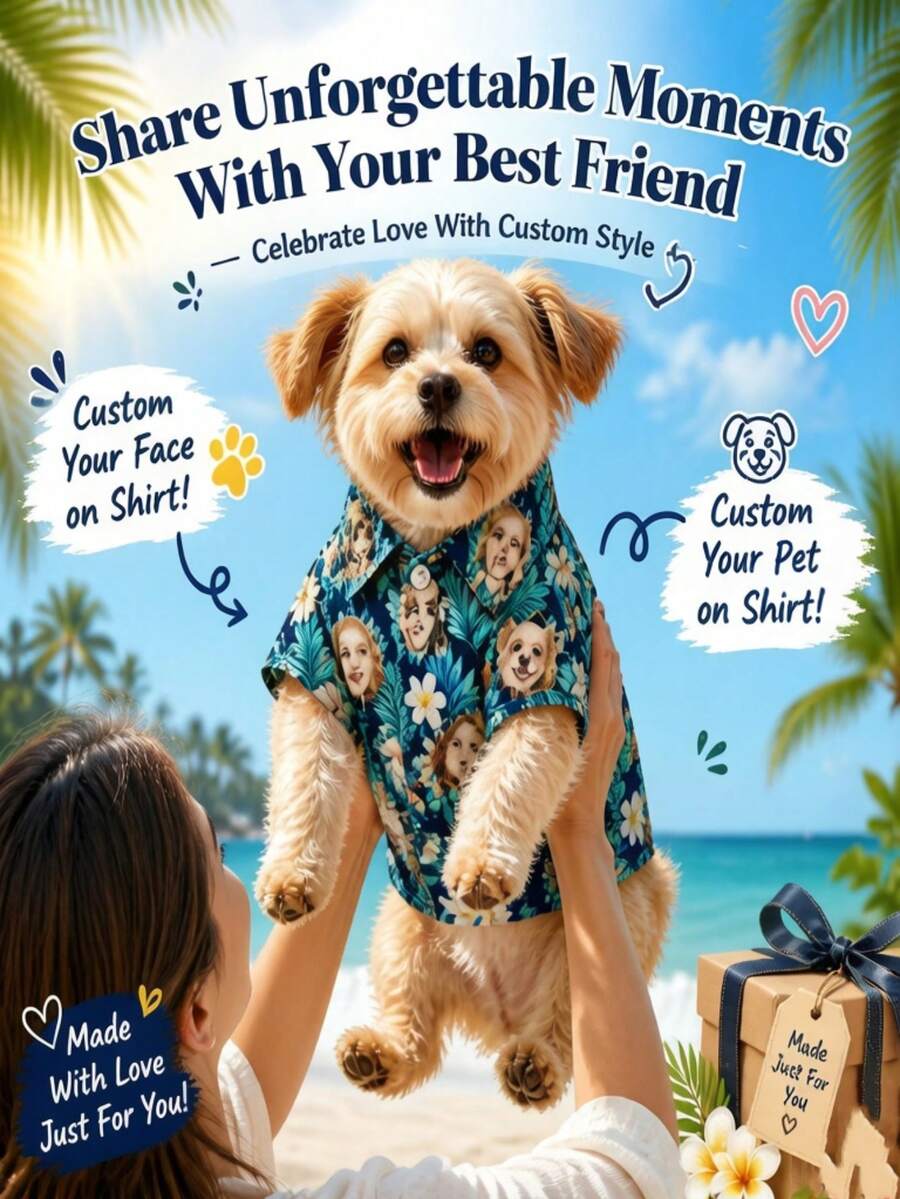 1pc Custom Pet Hawaiian Shirt For Dogs Personalized Photo Tropical Shirt Funny Pet Vacation Outfit For Small Medium Large Dogs Beach Party Holiday Travel Birthday Gift For Pet Lovers Puppy Cat Pattern Button Up Dog Clothes Costume Outfit - Multicolor - View 1