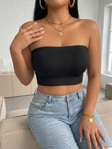 Plus Size Women's Strapless Spaghetti Strap Tank Top, Seamless Ribbed Base Layer Camisole, Elastic Summer Casual Cropped Vest Top - Black - View 5