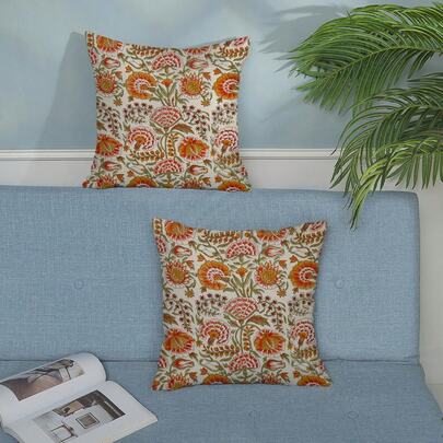 2PCS Bohemian Printed Square Pillowcase, Orange-Red Vintage Botanical Floral Cushion Cover, Suitable For Bohemian Farmhouse Cabin Home Decor, Single-Sided Without Pillow Insert