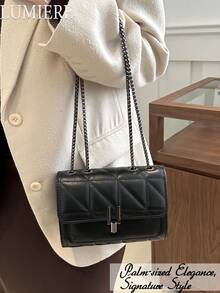 Elegant Black Quilted Crossbody Bag For Women Metal Chain Strap Shoulder Purse, Adjustable Strap, Polyester Lined, Urban Fashion Accessory - 黑色 - 查看 2