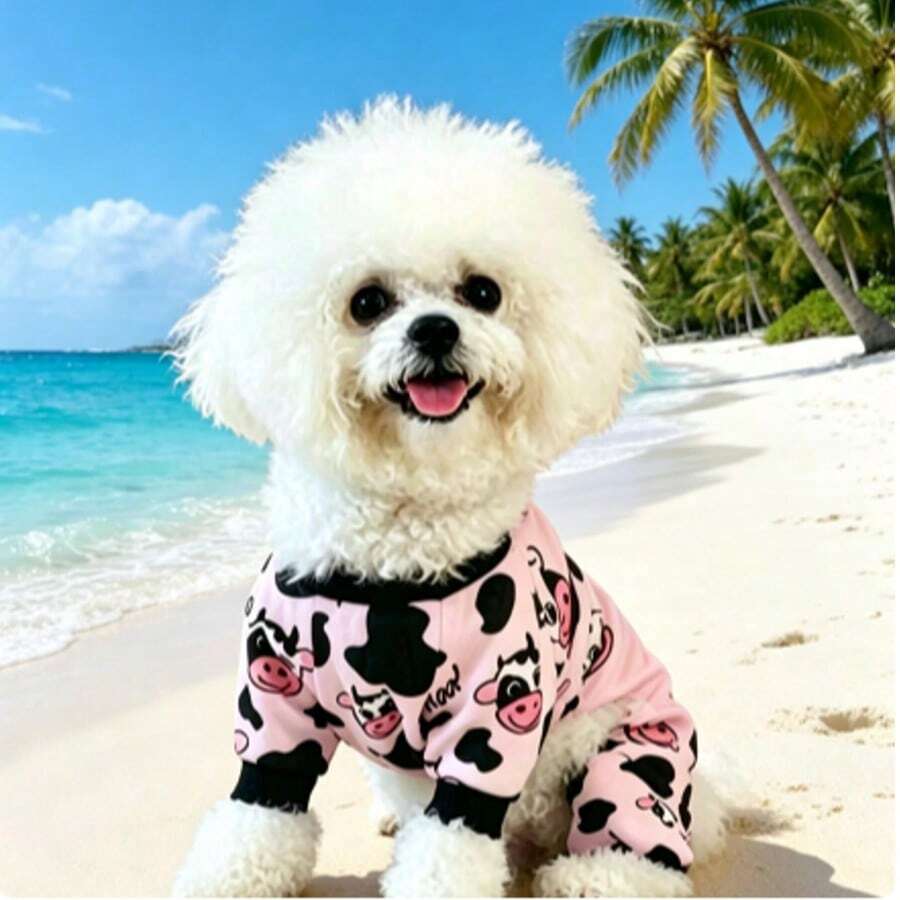 1 buah Piyama Anjing Motif Sapi - Dapat Dicuci dengan Tangan, Dapat Dicuci dengan Mesin, Lembut & Nyaman - Coral Pink - View 1