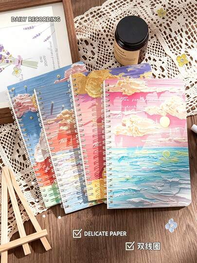 1 cuốn sổ lò xo hoa xuân vân nổi, khổ A5 trang trong dày dập nổi 3D họa tiết tranh sơn dầu, sổ nhật ký lò xo kép họa tiết hoa anh đào dễ thương, quà tặng văn phòng phẩm cho nữ sinh, đồ dùng thiết yếu tựu trường