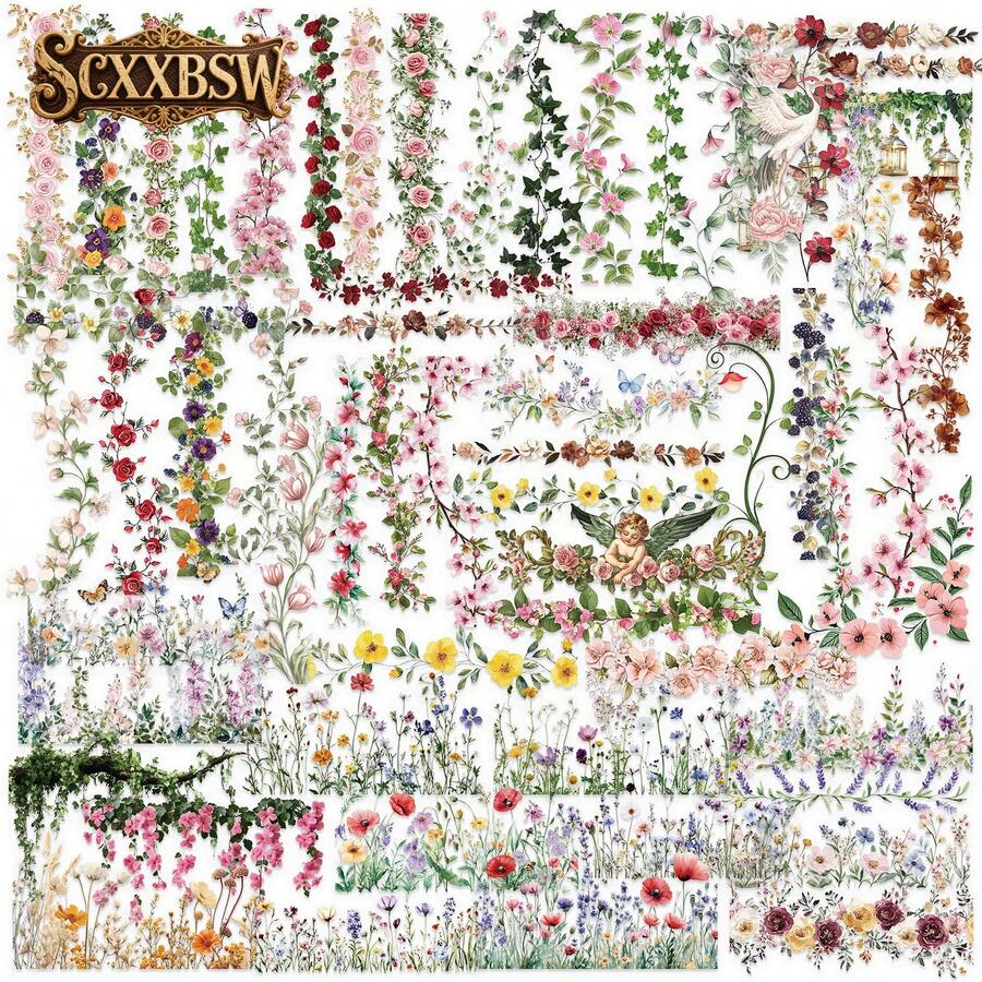 SCXXBSW 60pcs Floral Hand-Drawn Journal Stickers, Cool Anime Decorative Stickers, Classic Gift Decorations, Value Pack, Cute Cartoon Stickers, Waterproof And Durable, Phone Case Decoration Stickers, Can Be Applied To Laptops. - Multicolor - View 1