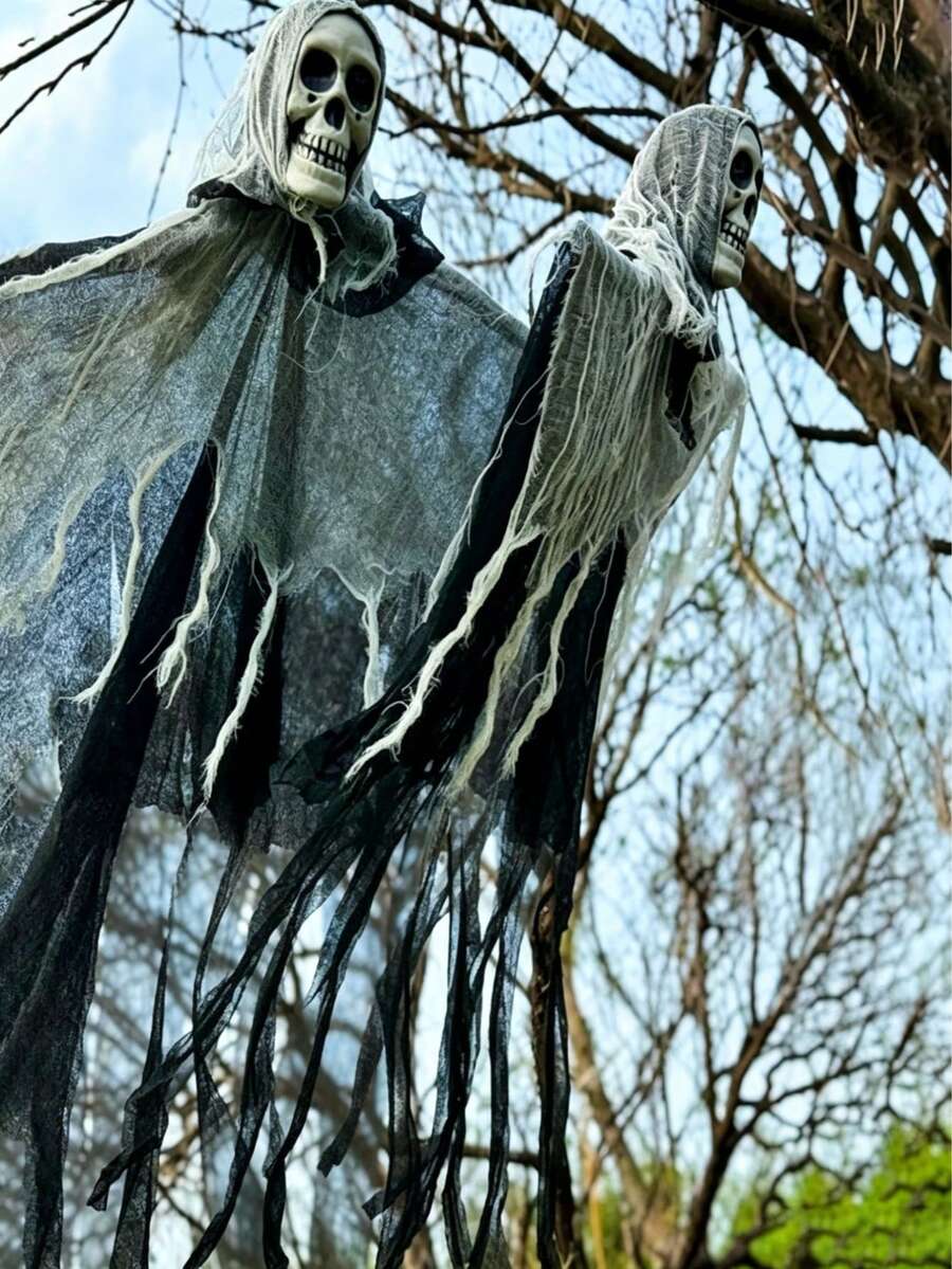 2/1pc Scary Halloween Hanging Skeleton Ghost Decor Outdoor, Grim Reaper Best Halloween Outdoor Decoration, Haunted House Props, Party Supplies, Halloween Skeleton Outdoor Yard Decor, Haunted House Entrance Scary Props, Haunted House Entrance Ghost Face Scary Props - A - View 1