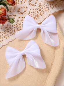 12/2pcs Children's Chiffon Bow Hair Clips, Solid Color, Minimalist & Fashionable - White - View 6