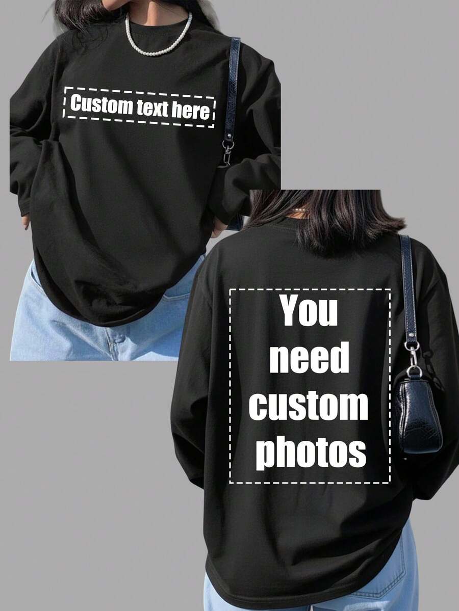 Women's Long Sleeve T-Shirt - Customizable Front And Back, Design Your Exclusive Personalized Printed T-Shirt. Sports Black - Black - View 1