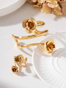 1 Set Metallic Shiny Flower Bracelet And Ring (1pc Geometric Line Gold Bracelet & 1pc Geometric Line Ring) - Yellow Gold - View 3