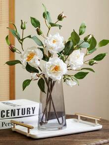 1PC Artificial White Snow Stream Camellia. Suitable For Home And Wedding Decoration, Floral Displays In Dining Rooms, Living Rooms, Bedrooms And Beside Beds. Also Great For Bridal Bouquets, Birthday Party Decor, Holiday And Valentine's Day Gifts. - White - View 10