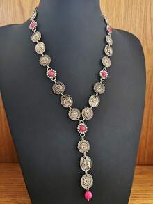 1pc Western Cowboy Style Pink Turquoise Long Necklace, Vintage Distressed Y-Shaped Sweater Chain, Unique Niche Accessory - Necklace - View 17