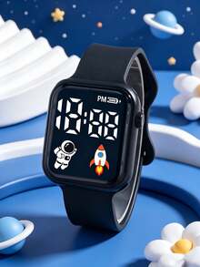 4pcs/Set Kids' Favorite Square Electronic Watch With Rocket Astronaut Pattern, LED Screen, TPU Material, Casual Sports Watch Suitable For Daily Life, Gift, Birthday, Back To School Season - Multicolor - View 5