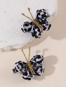2pcs/Set Juego de pinzas para el cabello con lazo estampado de leopardo & patrón de leche para niñas, adecuado para decoración diaria - Multicolor - Ver 4