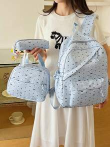 3pcs Nylon Bow & Heart Print Backpack Set, Foldable Multi-Pocket Large Capacity Zipper Backpack, Suitable For Teenagers And High School Students - Blue - View 9
