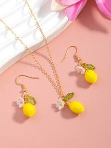 Set Kalung dan Anting Liontin Bunga Lemon 3pcs/Set, Hadiah Liburan untuk Teman dan Sahabat Terbaik - Gaya 13 - View 4