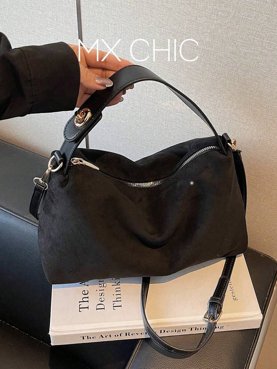 1 件女士新款新月手提包,时尚简约绒面革托特包,适合秋冬约会、送礼、通勤、购物 - 黑色 - 查看 1