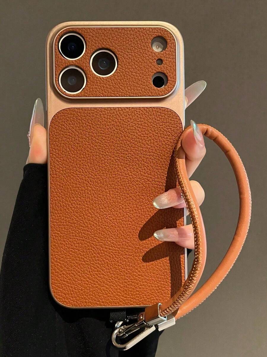 Fashion Lychee Leather Texture Large Window Phone Case Compatible With IPhone 17 Pro Max 17 Pro 16 Pro Max 15 14 Pro 13 12 Pro 17 Camera Protection Matte Soft Edge Shockproof Protective Cover With Portable Wrist Strap Lanyard