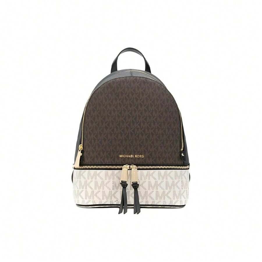 MICHAEL KORS Rhea MK Rhea Monogram Print Vintage Color Block Leather Backpack/Backpack, Medium Size, Women's, Brown - 30S0GEZB2V-bROWN-mULTI - View 1