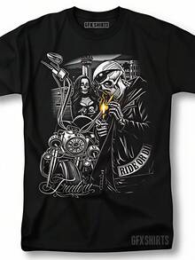 Cotton T-Shirt For Biker Enthusiasts, Urban Streetwear Clothing - Machine Washable Shirt With Regular Fit, Weekend Outfit, Bold Print, Durable Construction, Short-Sleeve Top, Casual Style. - 黑色 - 查看 1