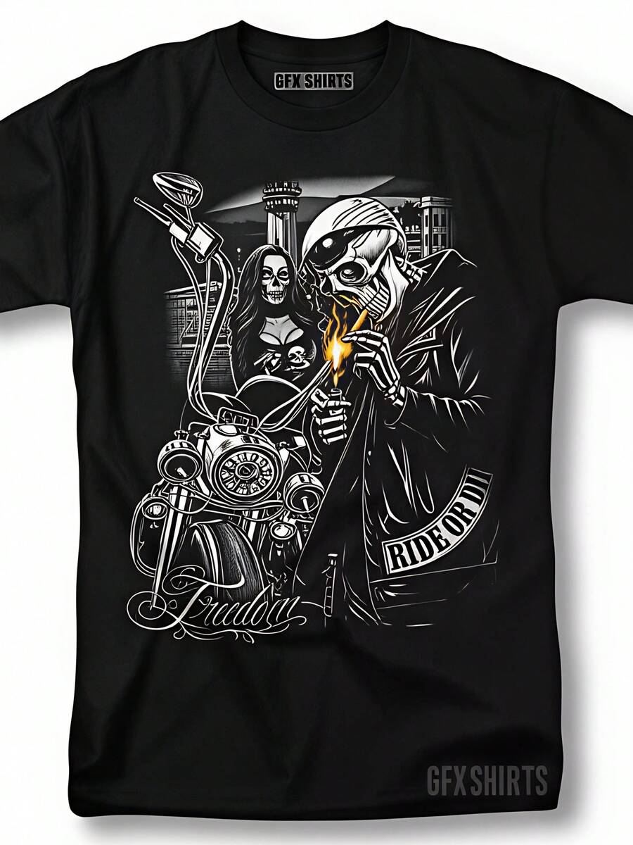 Cotton T-Shirt For Biker Enthusiasts, Urban Streetwear Clothing - Machine Washable Shirt With Regular Fit, Weekend Outfit, Bold Print, Durable Construction, Short-Sleeve Top, Casual Style. - 黑色 - 查看 1