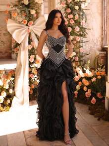 New Heavy Pearl & Rhinestone Embellished Apricot Sexy Sleeveless Backless Fashion Camisole Two Pieces Party Dress With Ruffle Skirt - Black - View 1