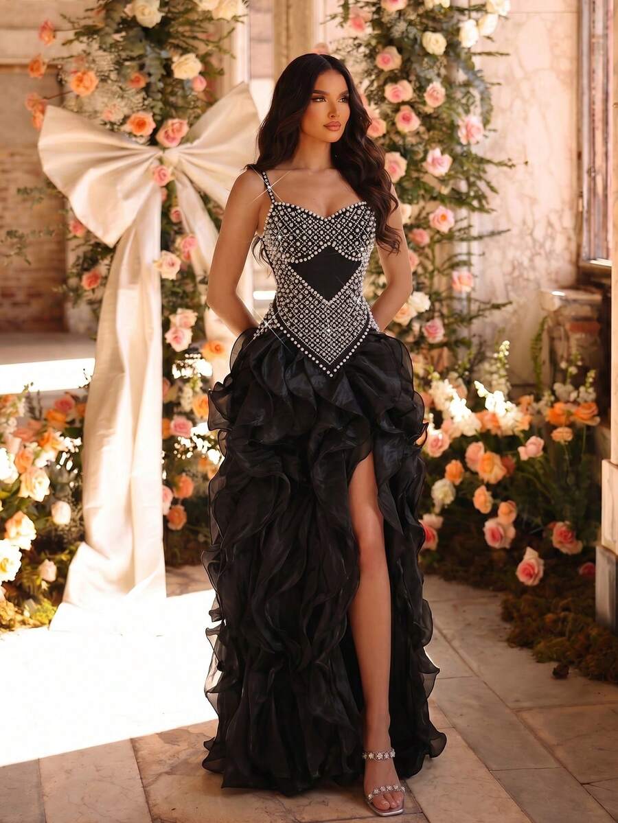 New Heavy Pearl & Rhinestone Embellished Apricot Sexy Sleeveless Backless Fashion Camisole Two Pieces Party Dress With Ruffle Skirt - Black - View 1