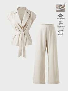 Elegant Linen 2 Pieces Set, Casual Chic Outfit For Commute And Daily Wear, Vacation Attire For Women Summer - Apricot - View 6
