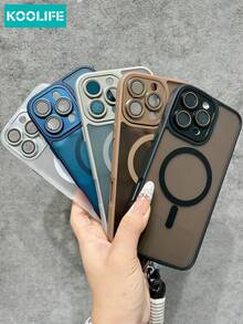 KOOLIFE 1pc Light Khaki Magnetic Phone Case With Wrist Strap, Matte Finish & Textured Camera Ring, PC+TPU Shockproof Protective Shell, Supports Magnetic Wireless Charging, Casual Style Back Cover, Compatible With Apple 17/17pro/17promax/17Air/16/15/14/13/12/11 - Grey - View 9