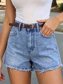 Vintage Blue Rhinestone Embellished High Waist Distressed Denim Shorts, Slim Fit, Versatile A-Line Jeans Shorts For Summer - Medium Wash - View 5