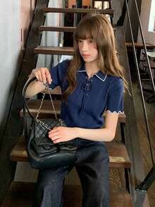 女士修身撞色短袖针织上衣，夏季 - 藍色 - 查看 4