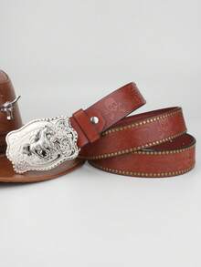 1pc Party Style Vintage Horse Buckle, Rivet Embossed PU Men's Belt, Suitable For Valentine's Day Gift - Red - View 4