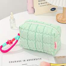 Quilted Toiletry Bag In Macaron Tones, With Woven Handle. Foldable, Spacious, Durable Polyester. - 紅色 - 查看 10