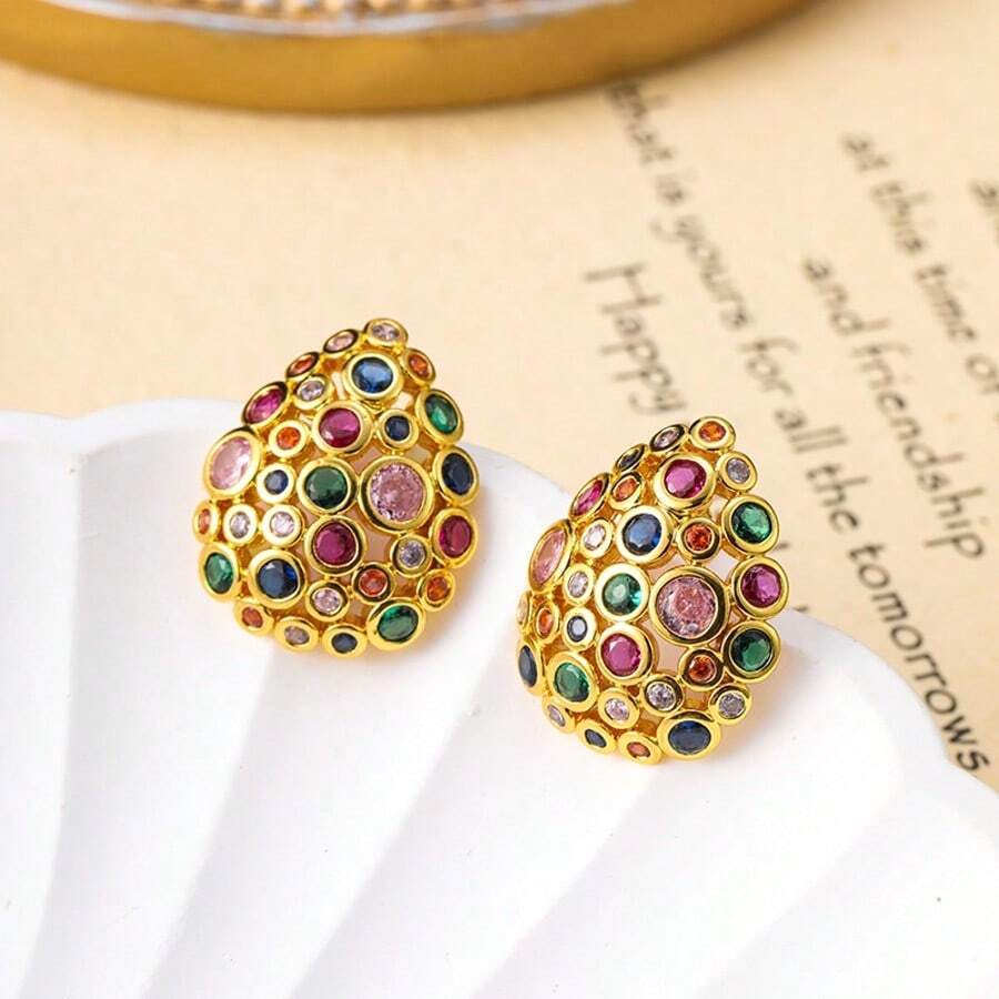 1 Par de Brincos de Botão Vintage Pesados com Zircônia Colorida em Formato de Lágrima Vazada, Estilo Boêmio de Férias com Zircônia Multicolorida Totalmente Incrustada, Acessório Versátil de Luxo Leve para Festa à Noite e Férias - Brincos vazados em formato de gota com zircônias brancas/coloridas - Visão 1