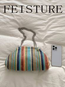 2026 Spring/Summer New Women's Colorful Striped Woven Hard-Shell Handbag - Multicolor - View 4
