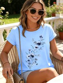 Elegant Watercolor Floral Print T-Shirt + Short Sleeves + Round Neck + Casual Spring And Summer Clothing For Women - 藍色 - 查看 6