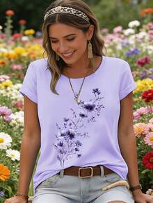 Elegant Watercolor Floral Print T-Shirt + Short Sleeves + Round Neck + Casual Spring And Summer Clothing For Women - 紫色 - 查看 1