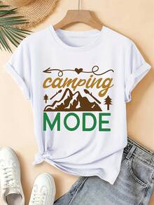 Women's Plus Size Casual-Shirt With Outdoor Camping Bonfire Camping MODE Print, Suitable Spring, Summer, And Autumn, Round Neck, Short Sleeve, - 黑色 - 查看 9