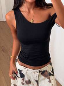 Summer Casual Solid Color Asymmetrical Shoulder Fitted Top - Charcoal Black - View 3