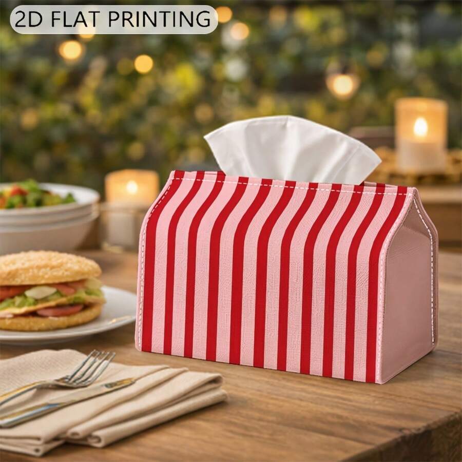 1pc Pink Vertical Striped Print Fabric Tissue Box, Rectangular Desktop Tissue Holder, Living Room Bedroom Office Desk RV Car Universal Storage Box, Hotel Vanity Decor Ornament, Holiday Gift Highly Attractive Home Soft Decor Tissue Storage Box - Multicolor - View 1