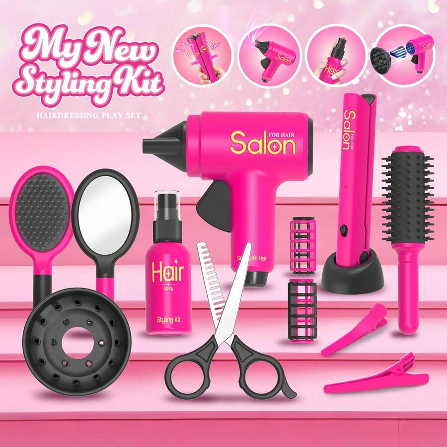 Perlengkapan Bermain Peran Salon Rambut Anak - Set Mainan Penataan Kecantikan dengan Pengering Rambut Non-Listrik & Aksesoris, Hadiah Bermain Peran untuk Anak Perempuan - MultiWarna - View 1