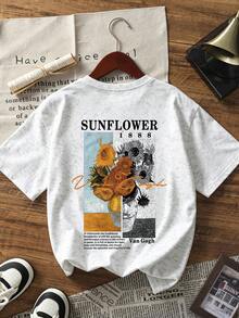 夏季新款極簡時尚油畫向日葵花卉印花休閒圓領紮染短袖T恤百搭女款上衣白色 - 白色 - 查看 2