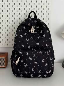3pcs Nylon Bowknot Print Backpack Set, Foldable Multi-Pocket Large Capacity Zipper Backpack, Suitable For Teenagers And High School Students - Black - View 6