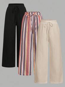 Set Of 3 High-Waisted Loose Straight-Leg Trousers With Drawstring And Pockets, Solid Color And Versatile, Suitable For Spring/Summer - Apricot - View 1