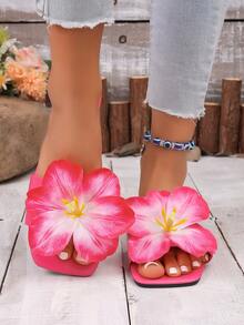 Women's Fashionable Rose Red Floral Sandals, Flat, Square Toe, Non-Slip, Suitable For Outdoor Wear, Vacation, Beach, And Casual Use. Hawaiian Style Floral Sandals, Soft Sole, Non-Slip, Sweet And Casual Sandals For Beach Outings. Simulated Large Floral Decoration Sandals, Rose Pink Flat Square Toe Summer Vacation Sandals. - Rose Red - View 3