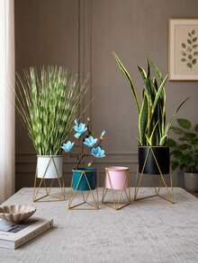 1pc/Set Creative Metal Plant Pot With Gold Geometric Stand, Vintage Style Succulent Planter, Large Desktop Flower Pot, Suitable For Balcony, Living Room, Office, Home Garden Decoration - Multiple Styles - View 3