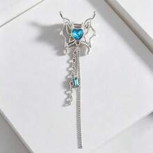Sweet Cool Style Blue Heart Rhinestone Butterfly Brooch Women's Niche Design Tassel Chain Pin Suit Accessory - Silver - View 3
