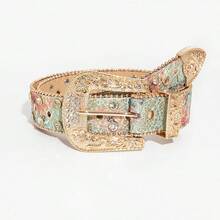 1pc Men's Western Style Matte Engraved Belt, Summer Versatile Jeans Accessory, Western Cowboy Rhinestone Buckle Belt, Floral Jacquard Strap, Exaggerated Athletic Style - Light Green - View 8