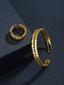Set de brazalete y anillo estriado de tono dual enchapado con circonia cúbica, estilo retro, adecuado para uso diario - Estilo A Dorado - Ver 4