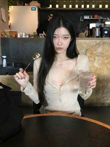 蕾絲拼接 2 合 1 半透視極簡性感長袖 T 恤休閒款 - 卡其色 - 查看 7
