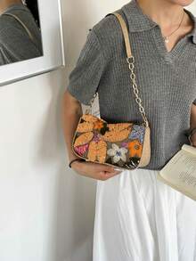 Mini Minimalist Chain Strap Solid Color Floral Pattern Shoulder Bag (Floral Position Randomly Varies) - Orange - View 5
