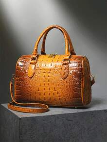 Luxury Crocodile Pattern Handbag, Retro Genuine Purse, Women's Classic Boston Bag & Shoulder Bag - 棕色 - 查看 5